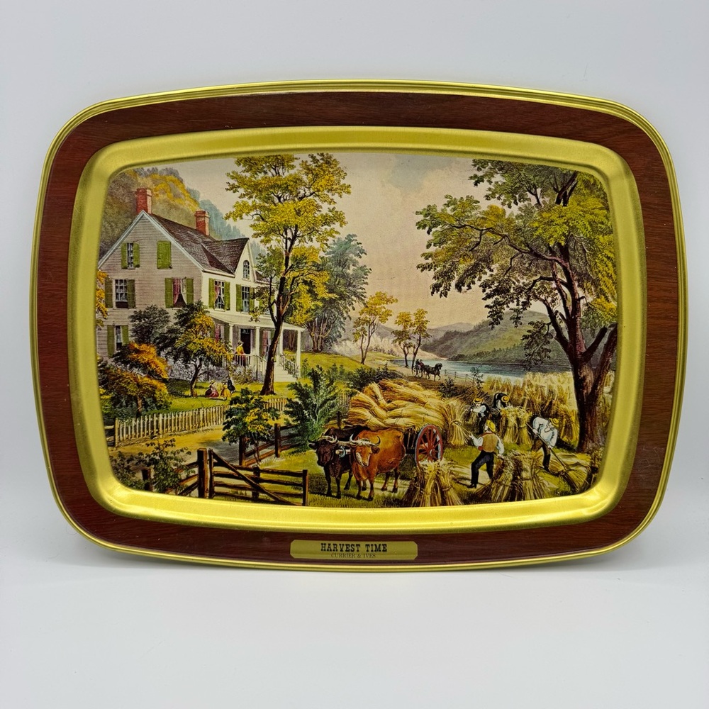 Vintage Currier and Ives Tray Metal Serving Harvest Time American Homestead